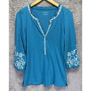 Talbots S Tunic‎ Top Embroidered Floral Blouse 3/4 Slv Blue White Boho Coastal